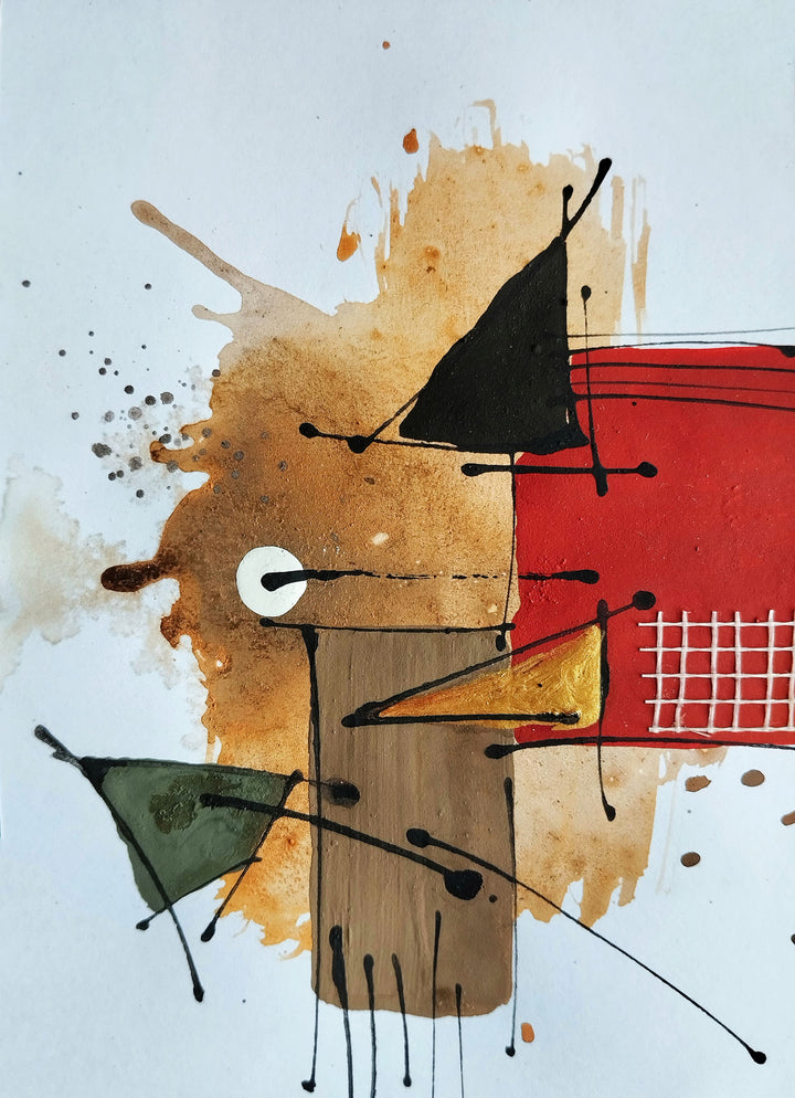 Wadi Home abstract geometric wall art with earthy tones, red, black lines, and mixed media texture.