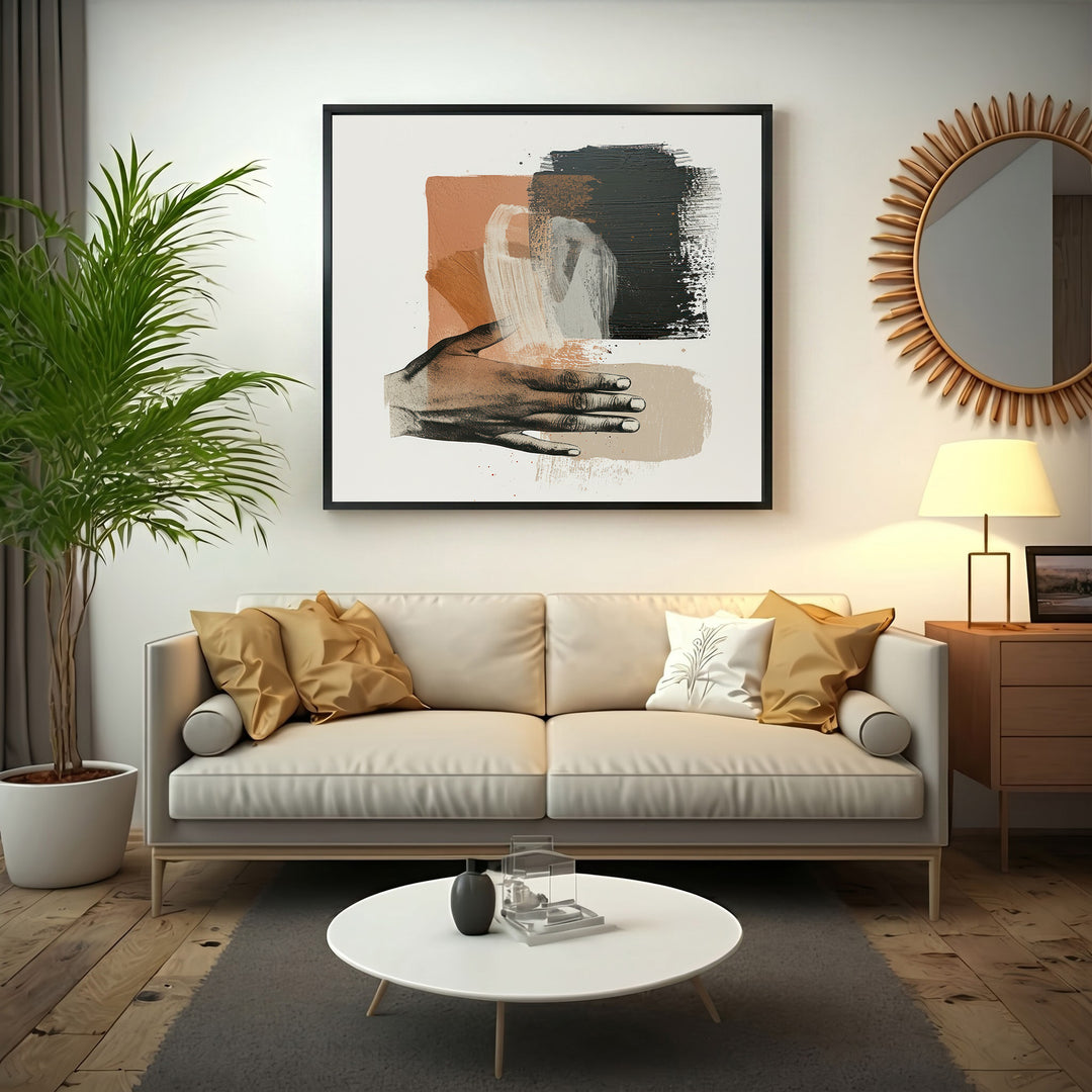 Wadi Home abstract wall art with rust, black, and cream brushstrokes and a hand graphic.