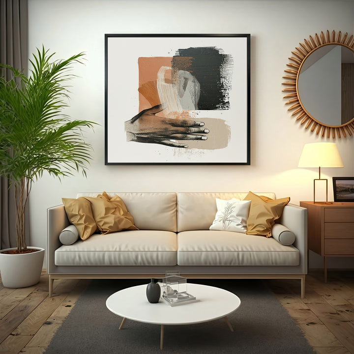 Wadi Home abstract wall art with rust, black, and cream brushstrokes and a hand graphic.