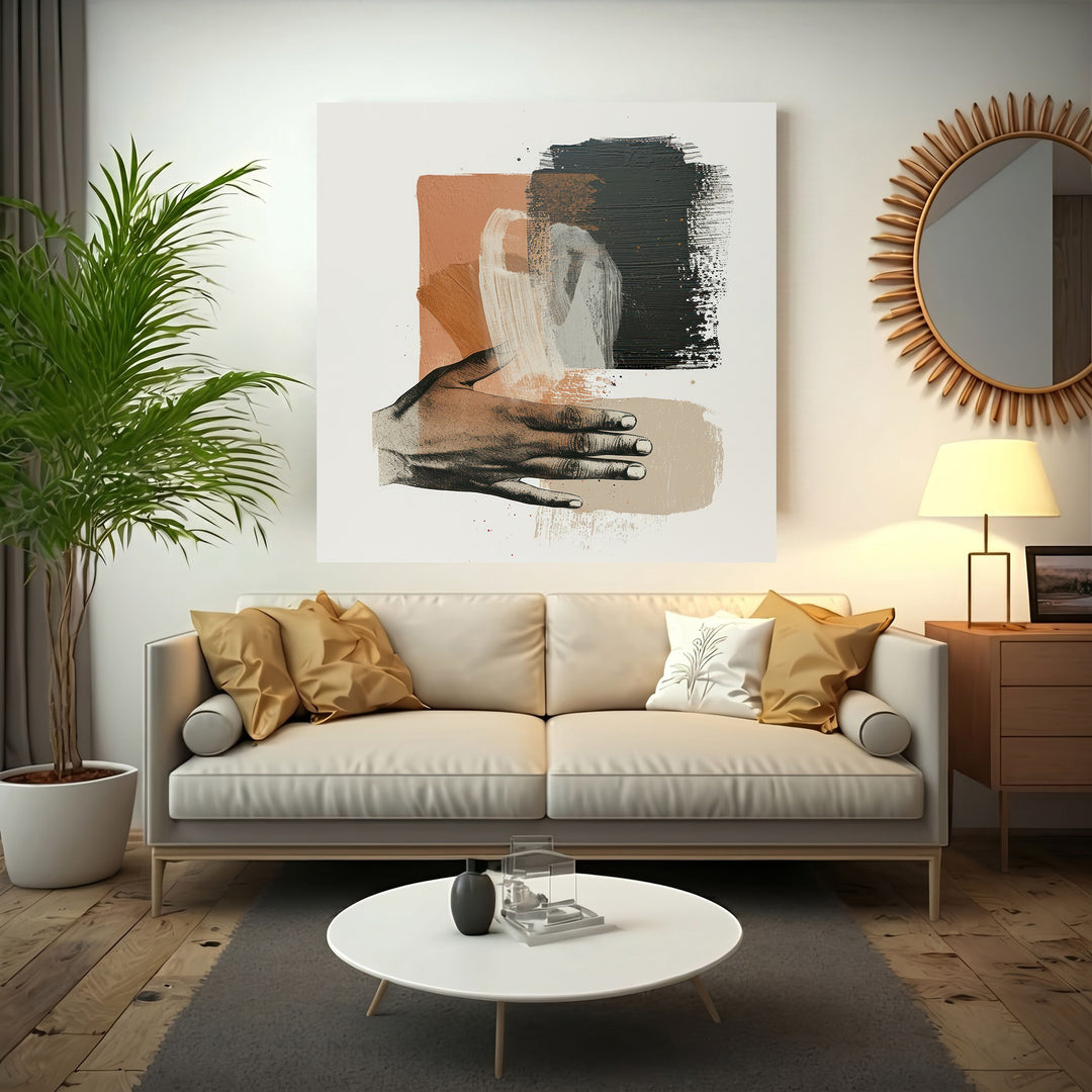 Wadi Home abstract wall art with hand imagery, brushstrokes in rust, black, and cream.