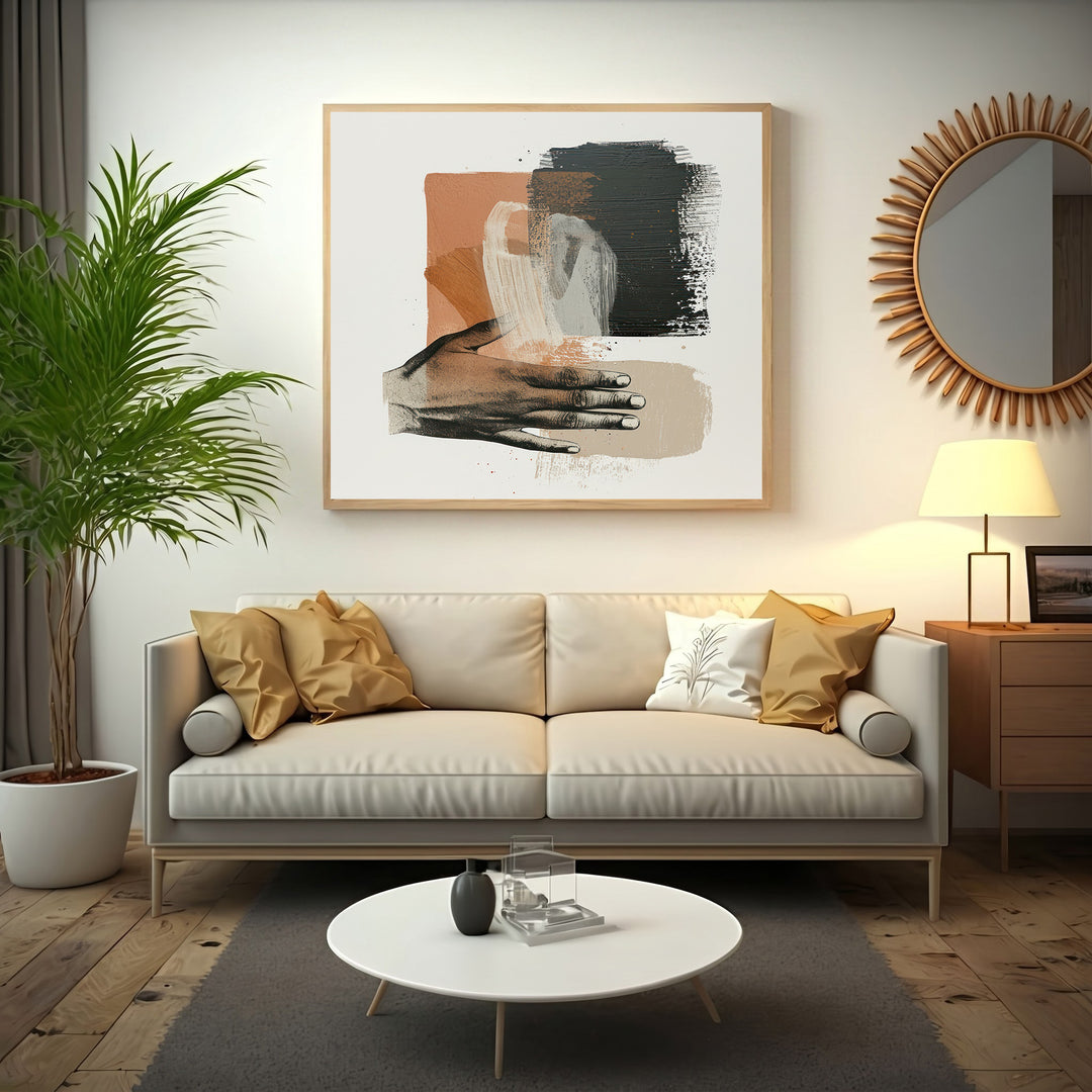 Wadi Home abstract wall art with hand motif, brushstrokes in rust, black, and cream.