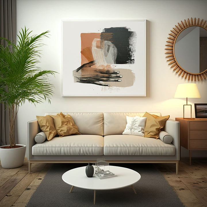 Wadi Home abstract wall art with hand motif, featuring rust, black, and cream brushstrokes.
