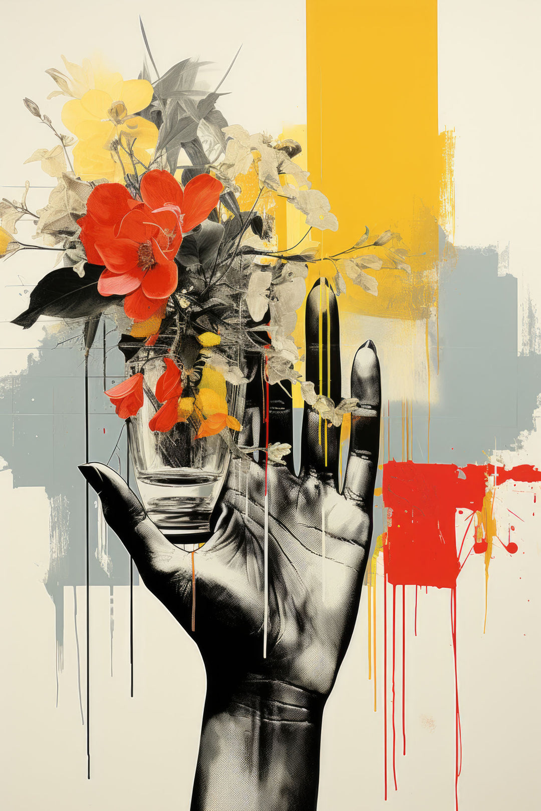 Wadi Home abstract wall art of a hand holding vibrant red and yellow flowers against a backdrop of yellow, grey, and red abstract strokes.