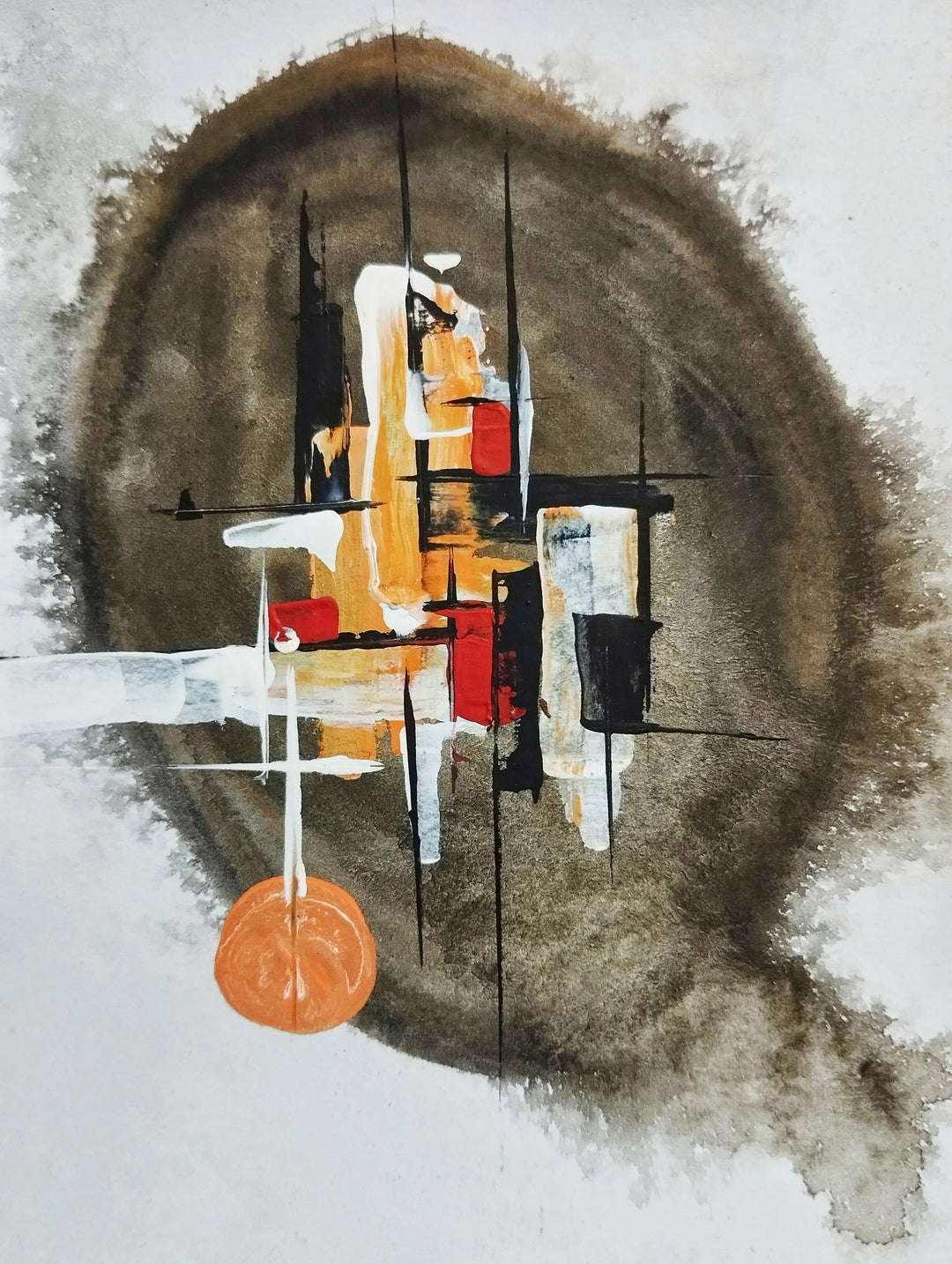 Wadi Home abstract wall art with earthy browns, oranges, and blacks. Textured brushstrokes and geometric shapes.