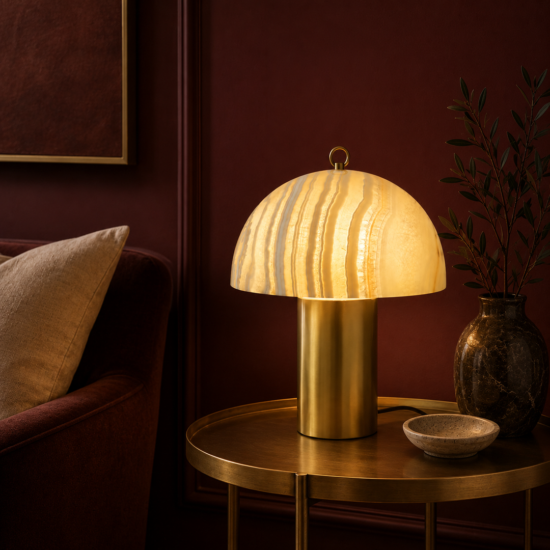 Modern Marble Glass Mushroom Table Lamp with Brass Base