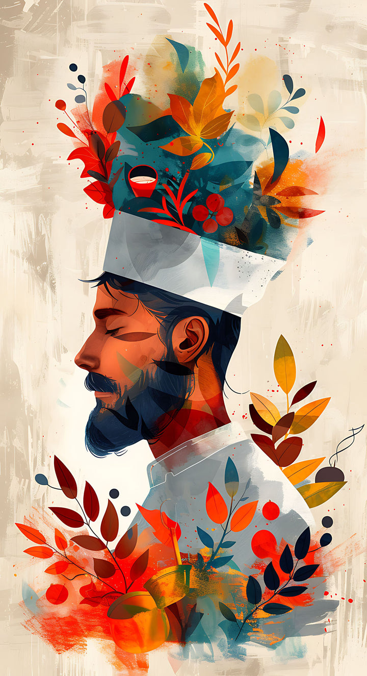 Wadi Home chef wall art with floral headpiece, abstract colorful florals, warm palette, modern elegance for kitchen or dining.