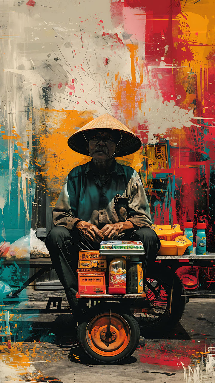 Wadi Home abstract canvas print of a man in a conical hat, with a vibrant red, yellow, and blue background. Expressive brushstrokes.