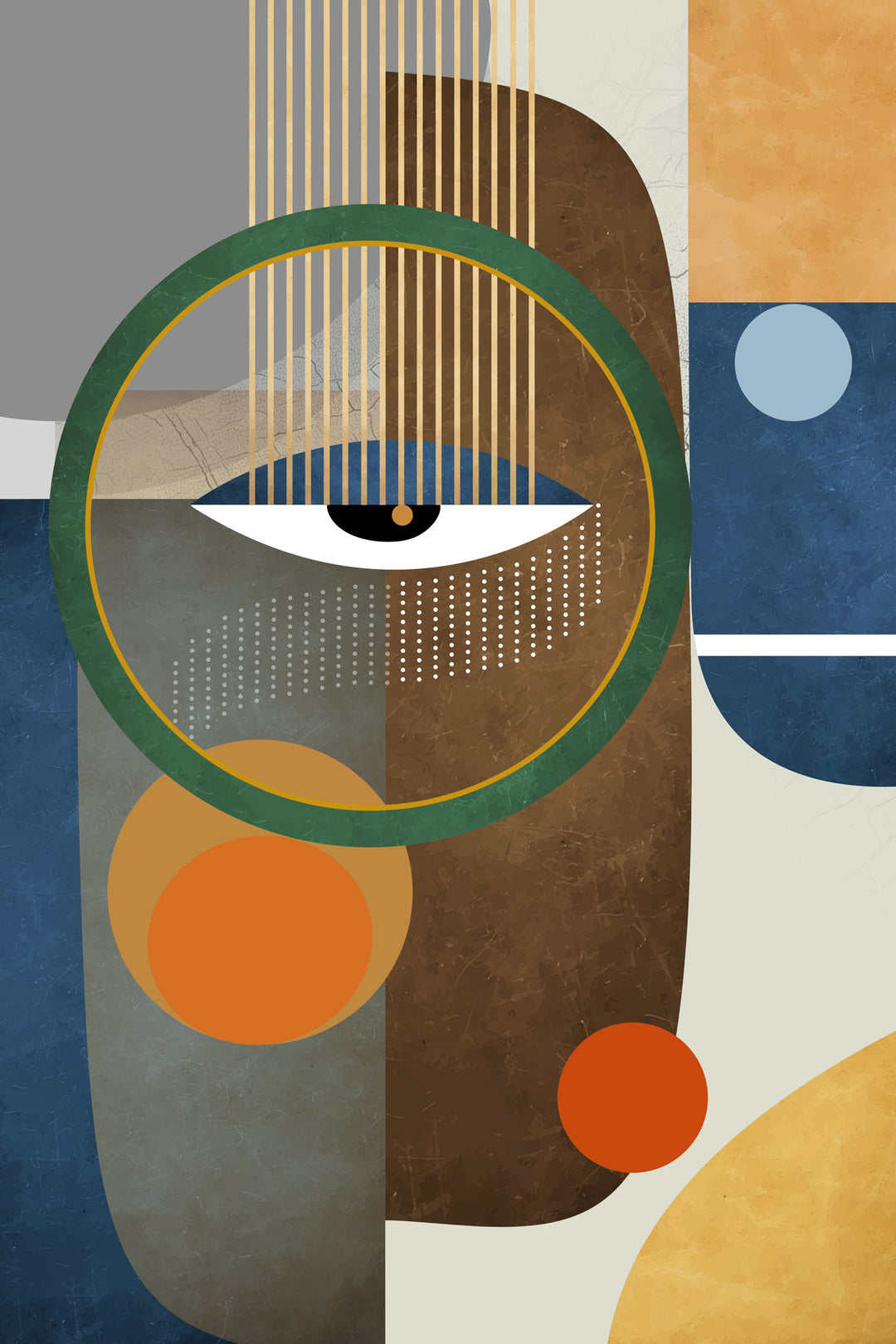 Wadi Home abstract geometric face wall art with eye motif in earthy tones and bold shapes.