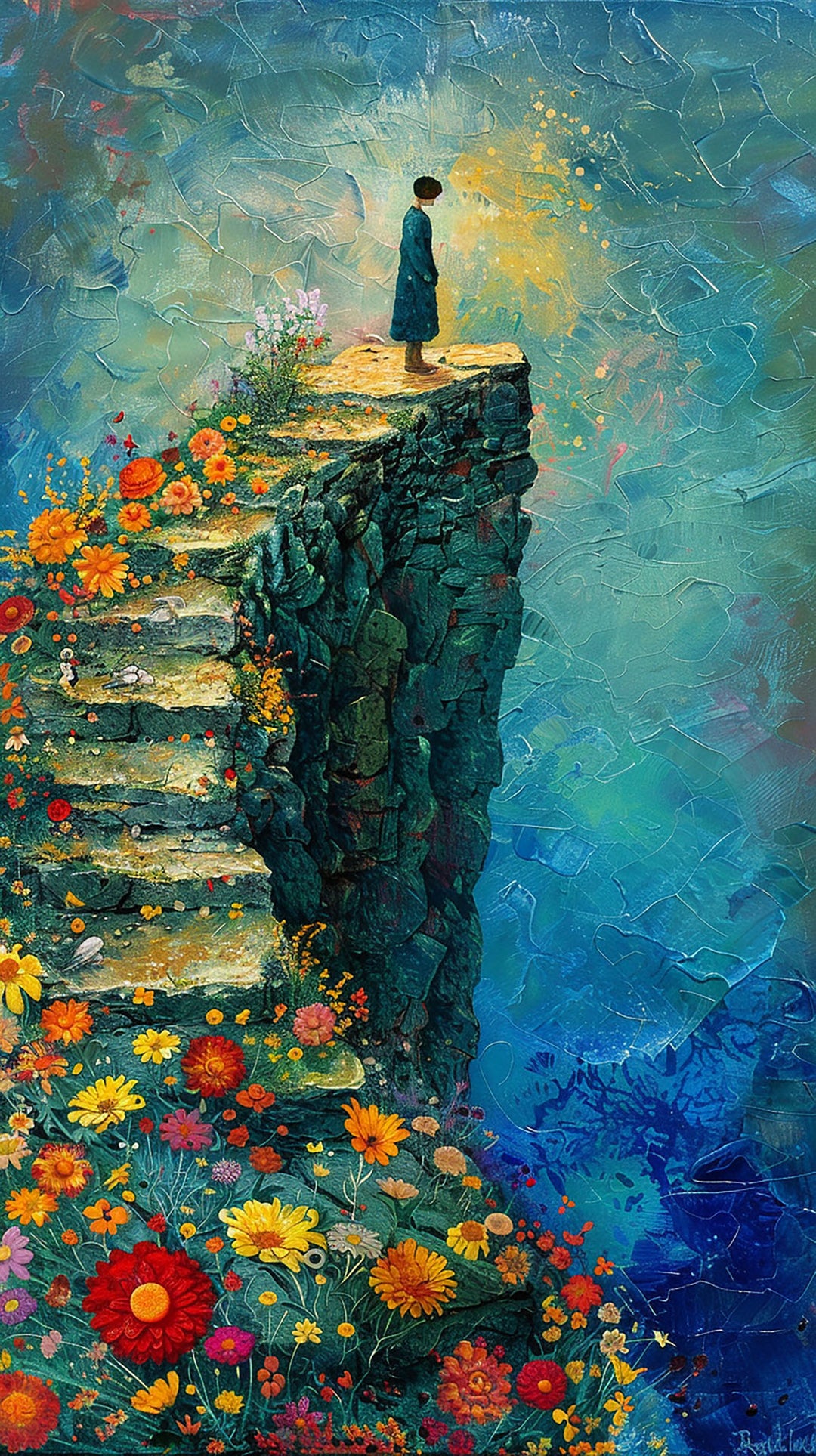 Wadi Home Cliffside Floral Stairway To The Sun artwork featuring a figure on a cliffside staircase lined with colorful flowers, leading to a bright sun.