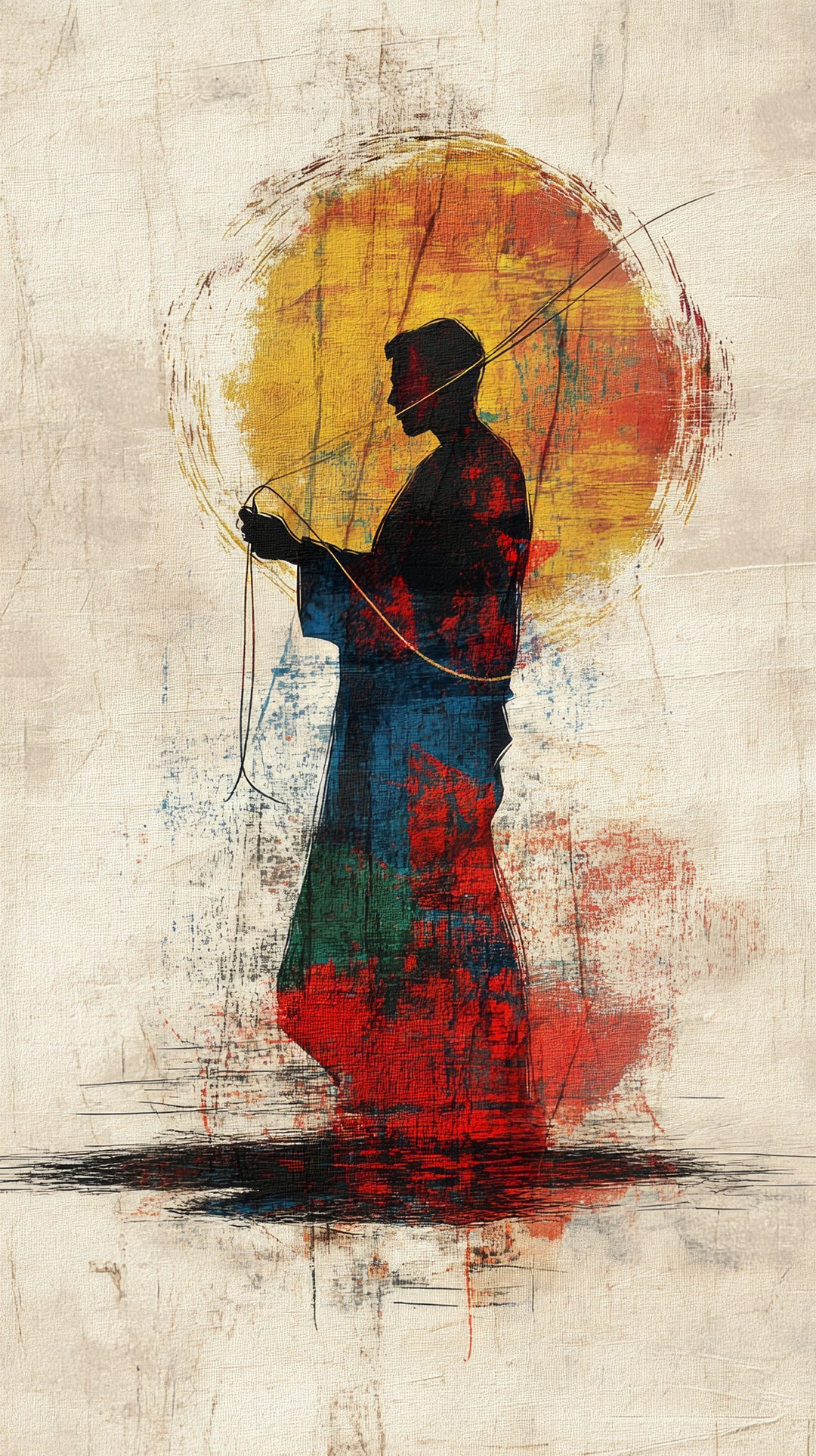 Wadi Home abstract wall art featuring a silhouette figure against a textured red, blue, and yellow sun.
