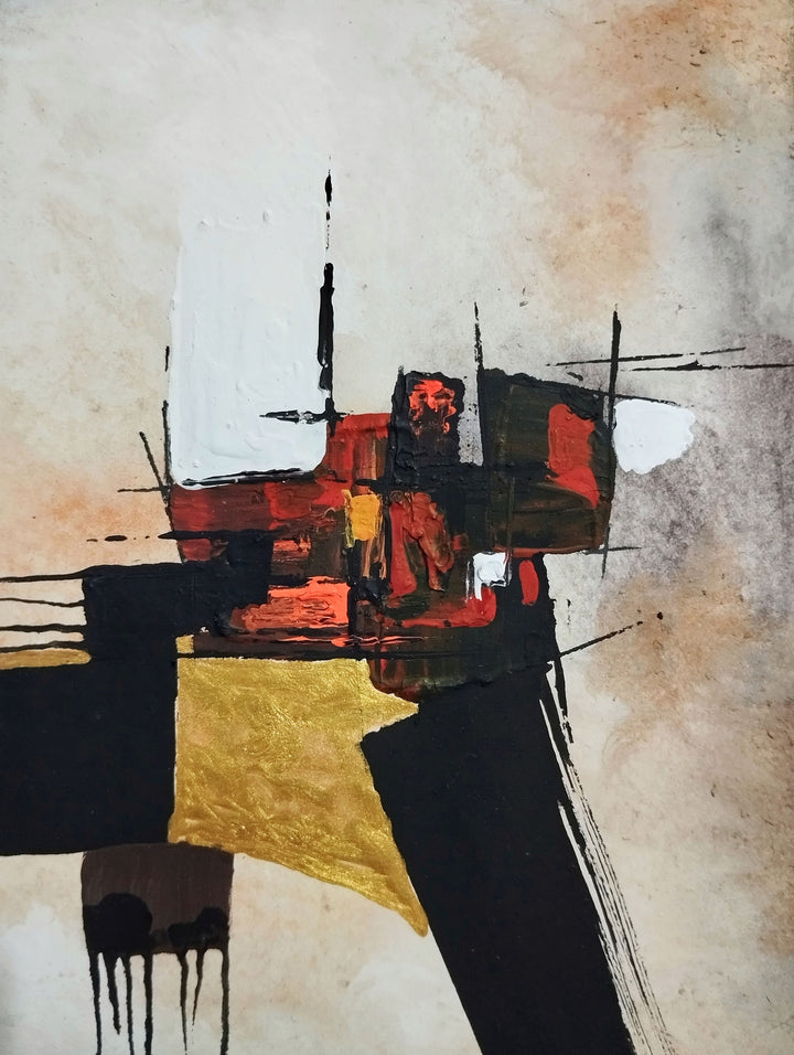 Wadi Home abstract geometric canvas art with black, gold, and red hues. Modern wall art for living rooms.