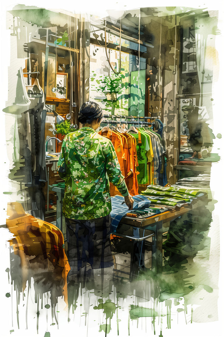 Wadi Home watercolor print of a person browsing racks of colorful clothing in a boutique. Expressive brushstrokes and vibrant colors.