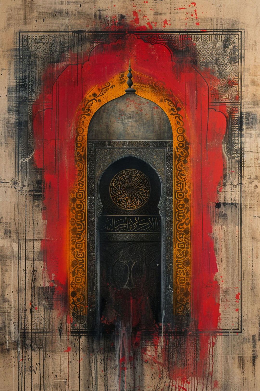Wadi Home Abstract Archway Wall Art with red and gold accents, textured design, modern artistry.