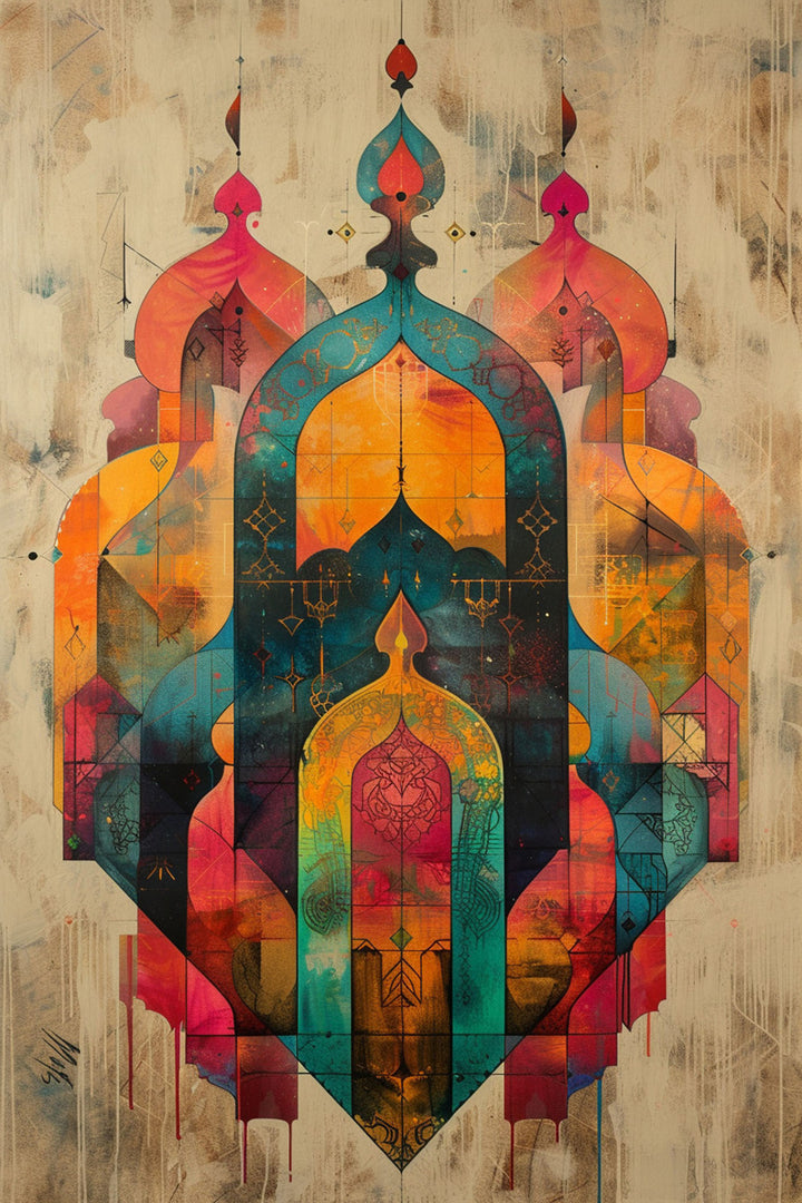 Wadi Home abstract geometric archway wall art with vibrant oranges, blues, and reds. Modern sophistication.