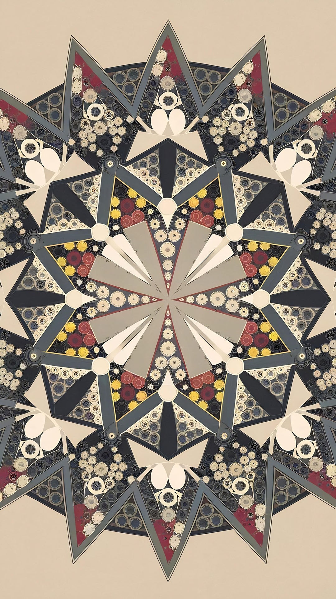 Wadi Home abstract geometric mandala wall art with intricate patterns in grey, beige, red, and yellow.