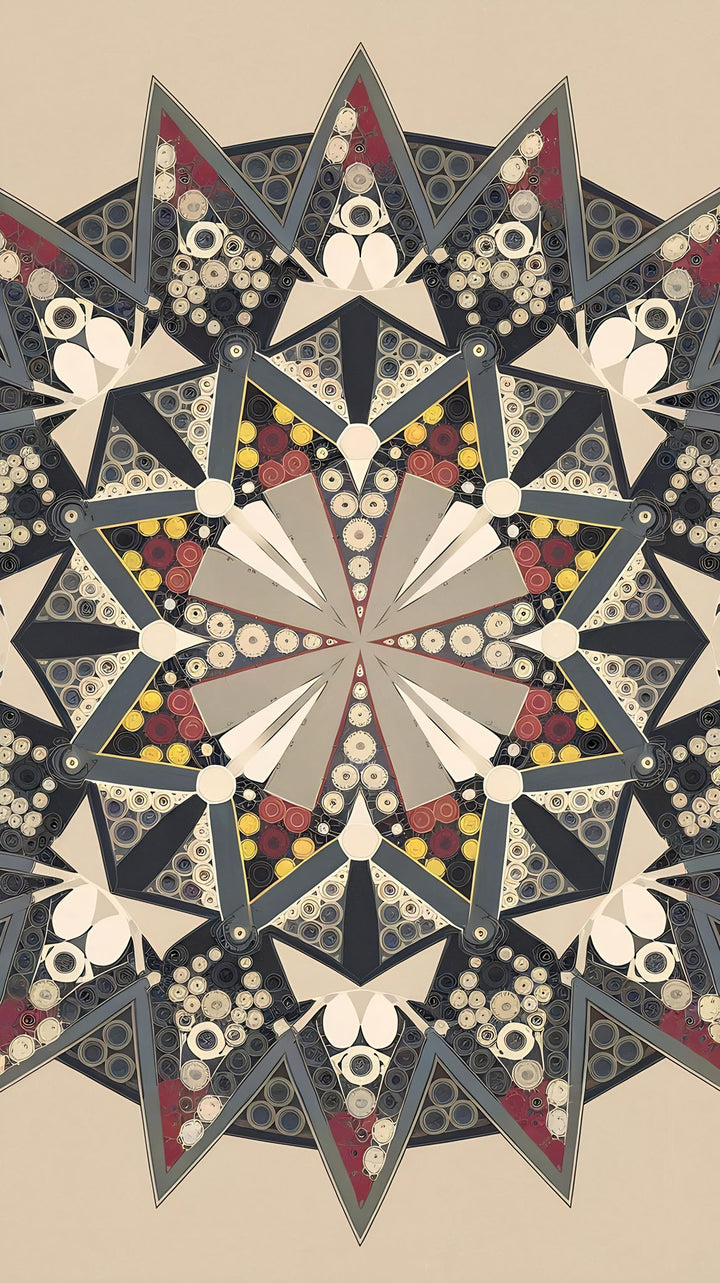 Wadi Home abstract geometric mandala wall art with intricate patterns in grey, beige, red, and yellow.