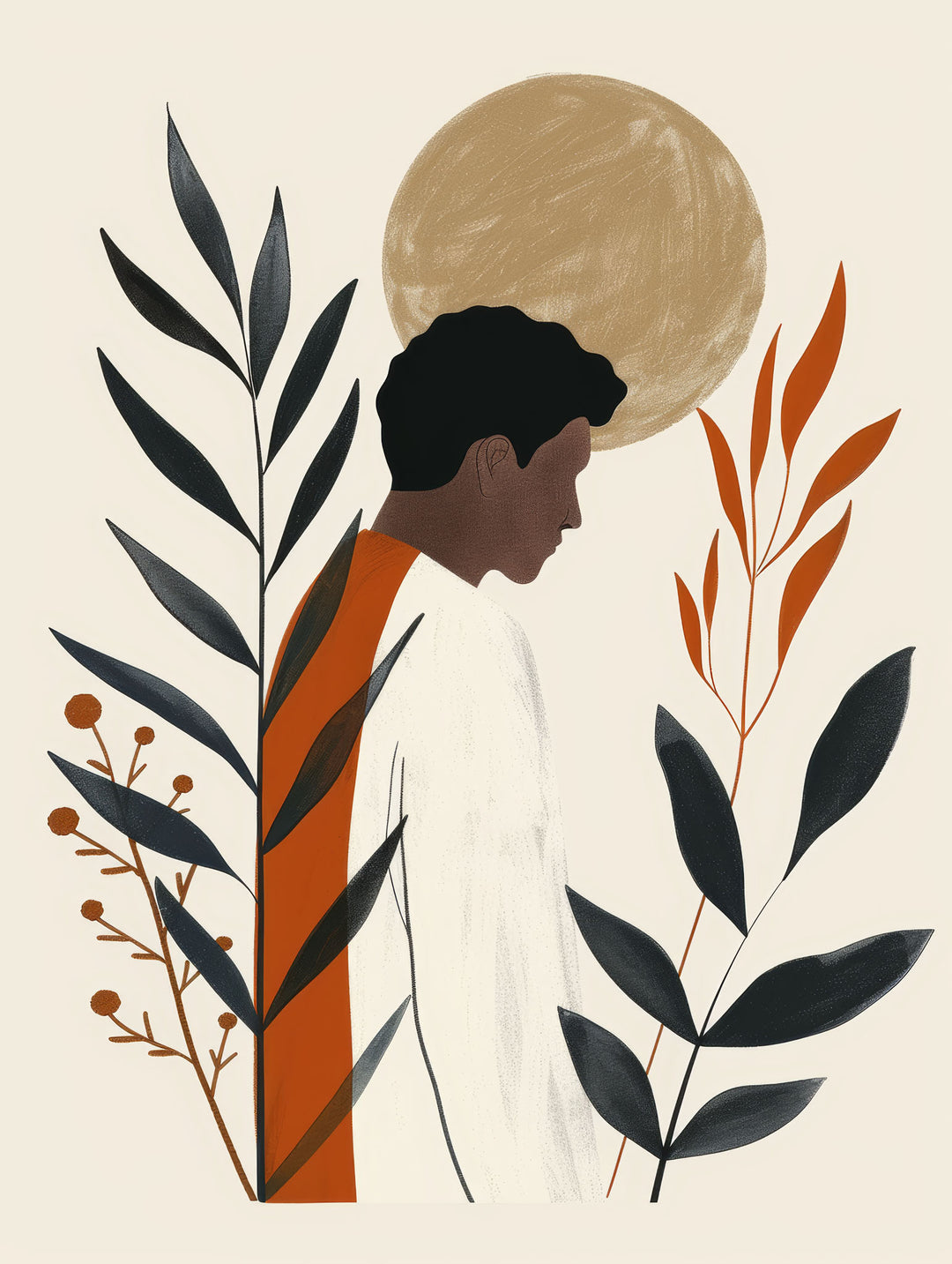 Wadi Home abstract botanical portrait wall art with profile of a person, sun, and plants in black, terracotta, and beige.
