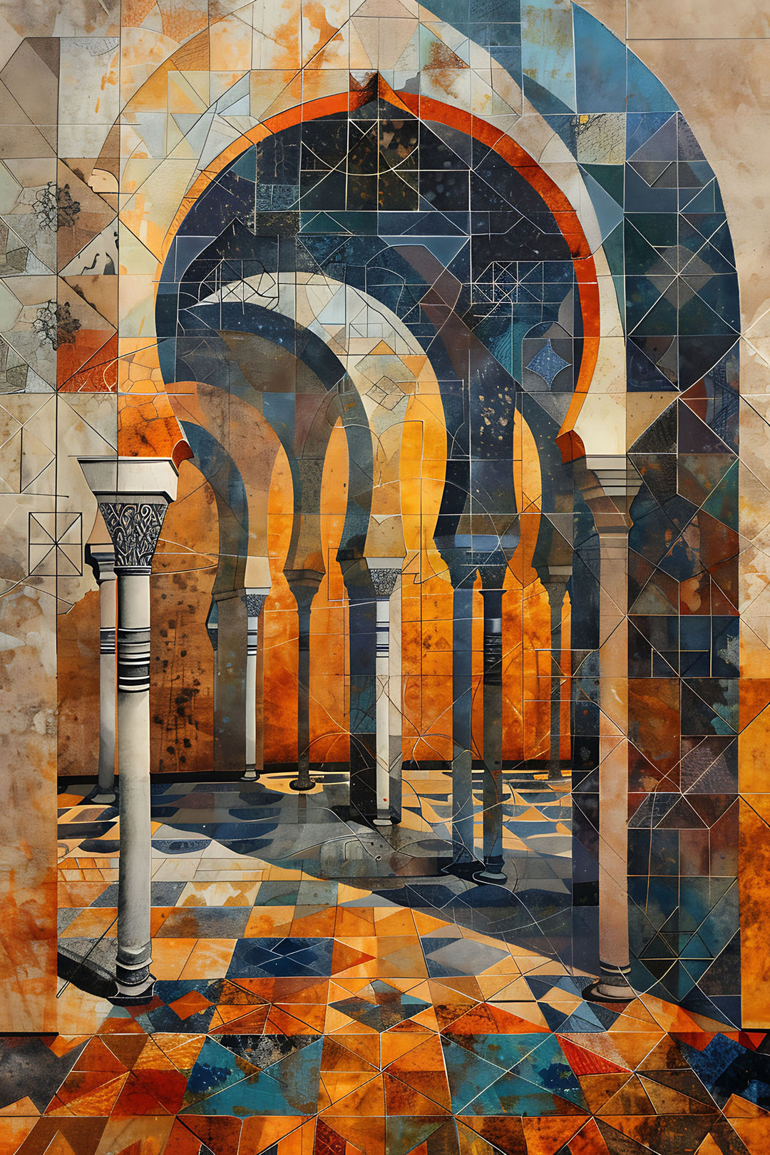 Wadi Home abstract archway wall art with geometric Moorish architecture in warm oranges, blues, and earthy tones.