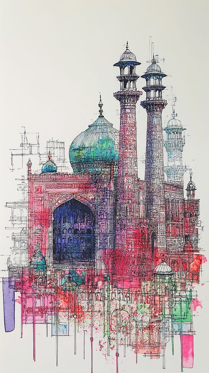 Wadi Home abstract architectural watercolor painting with bold reds, blues, and greens.