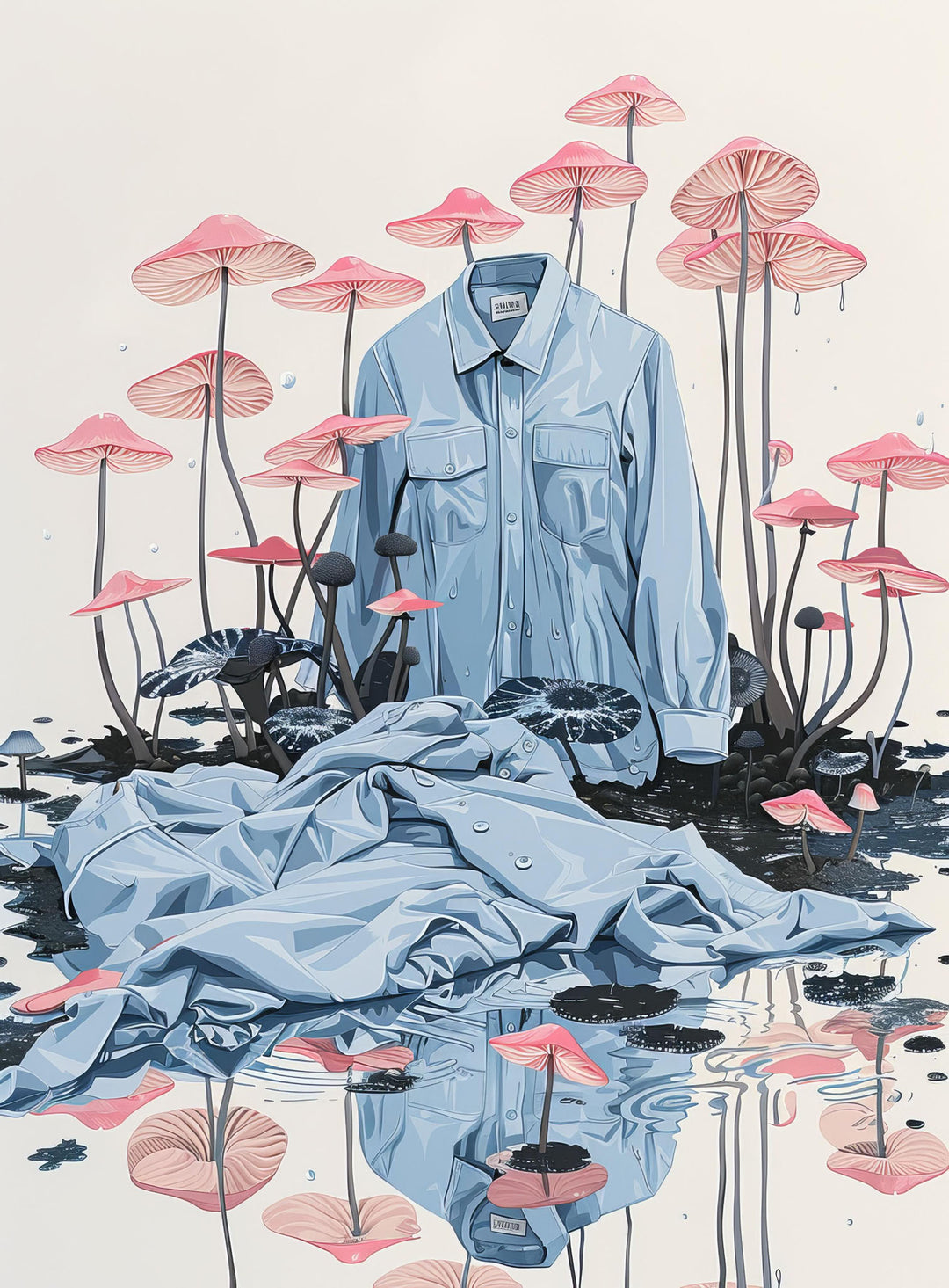 Wadi Home surreal wall art featuring a light blue collared shirt draped amongst pink-capped mushrooms and water.