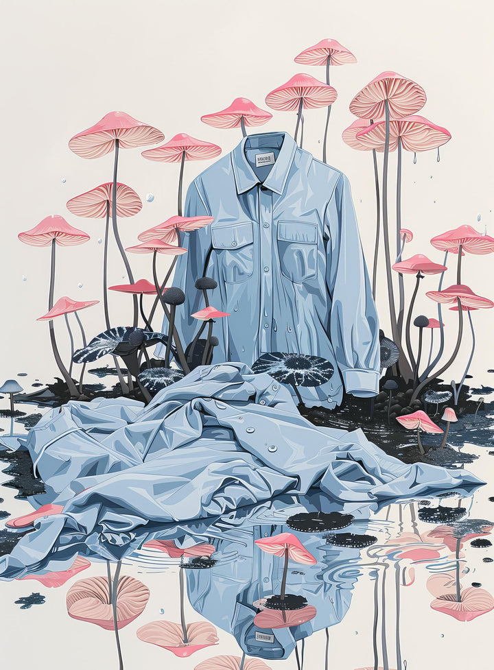 Wadi Home surreal wall art featuring a light blue collared shirt draped amongst pink-capped mushrooms and water.