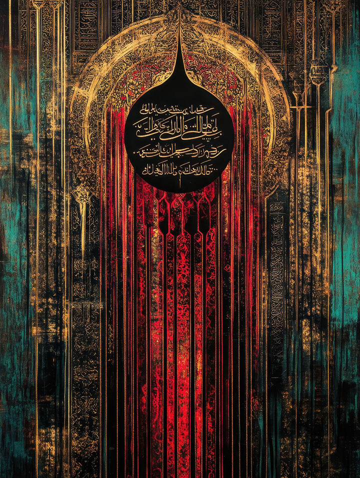 Wadi Home Islamic calligraphy artwork with Arabic script in gold on a textured background of red, gold, and teal.