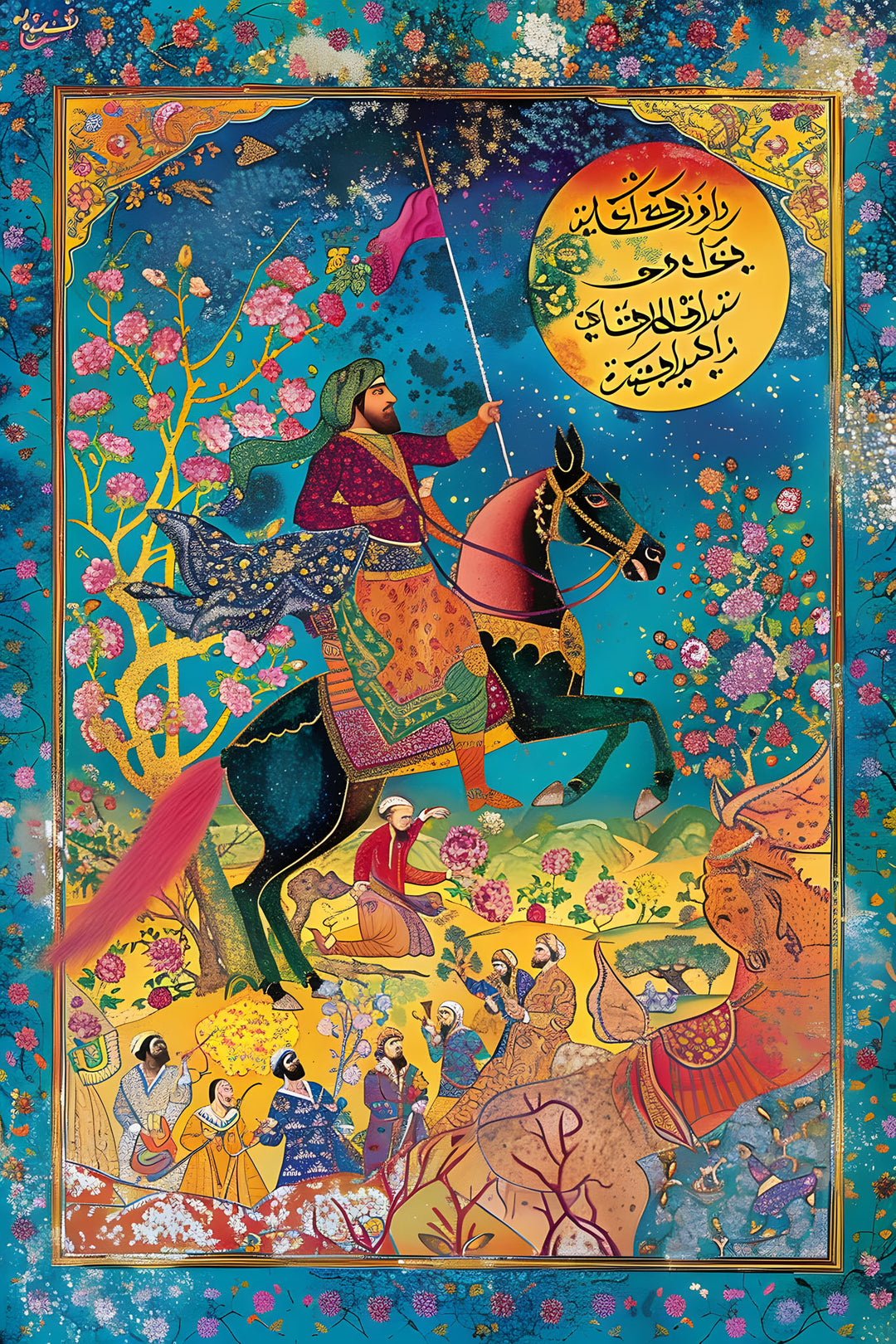 Wadi Home Persian miniature painting of a horseman on a horse, with intricate details and vibrant colors against a celestial backdrop.