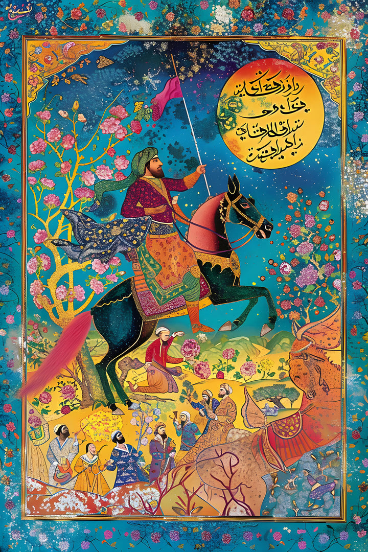Wadi Home Persian miniature painting of a horseman on a horse, with intricate details and vibrant colors against a celestial backdrop.