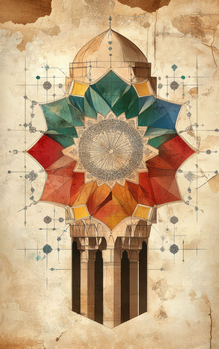 Wadi Home Geometric Islamic Architectural Art Print featuring a colorful rosette design with architectural elements on a textured background.