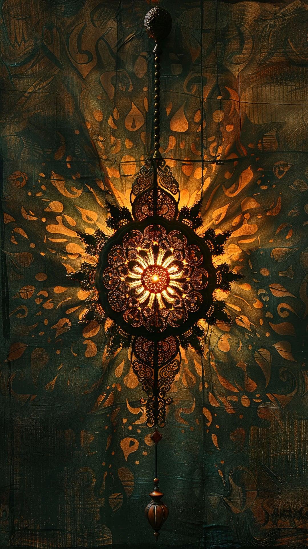 Wadi Home intricate mandala wall art in gold and deep teal, featuring a hanging lantern design with bohemian elegance.