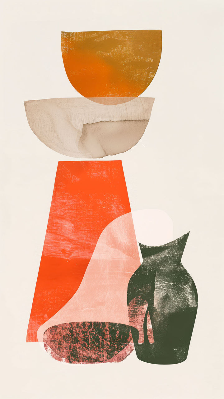 Wadi Home abstract still life art with burnt orange, green, and neutral shapes. Textured painterly effect.