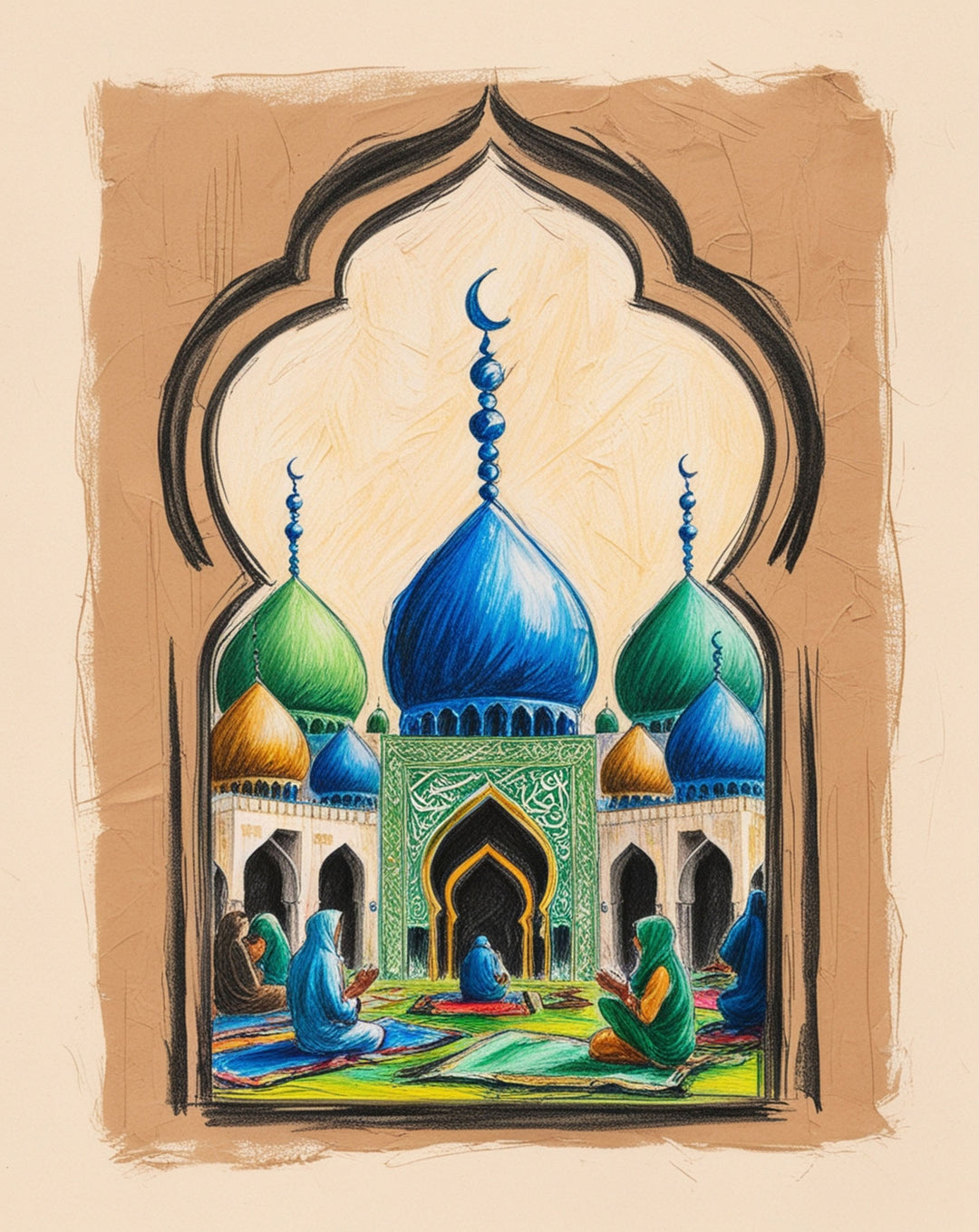 Wadi Home Islamic Mosque Prayer Scene Wall Art with blue and green domes, featuring people praying inside.