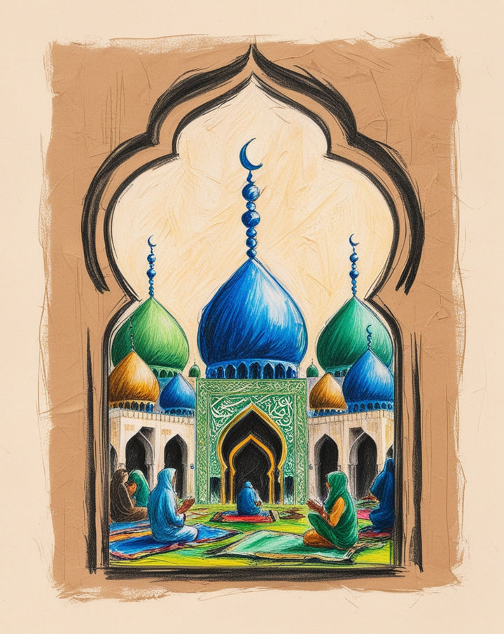 Wadi Home Islamic Mosque Prayer Scene Wall Art with blue and green domes, featuring people praying inside.