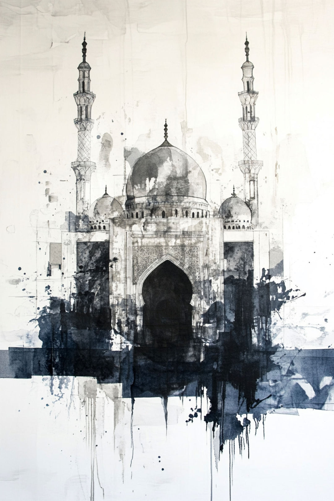 Wadi Home abstract monochrome mosque canvas wall art with ink splatters and brushstrokes.