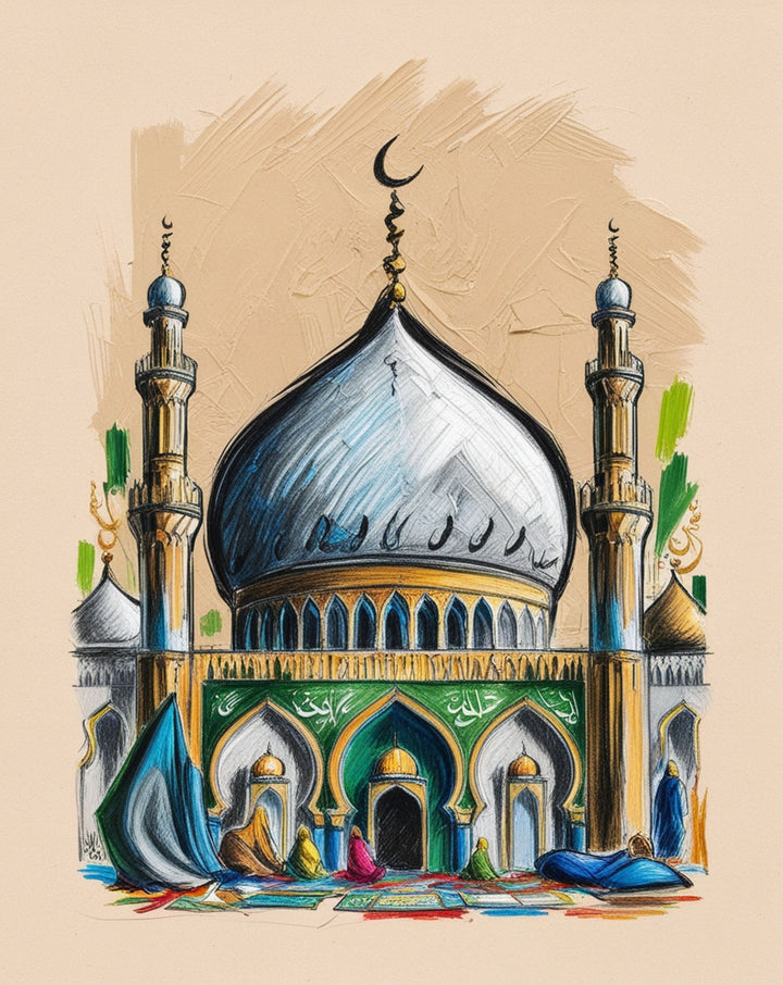 Wadi Home Islamic Mosque Artwork with vibrant colors and intricate details, featuring a blue dome and minarets. Serene spiritual art.