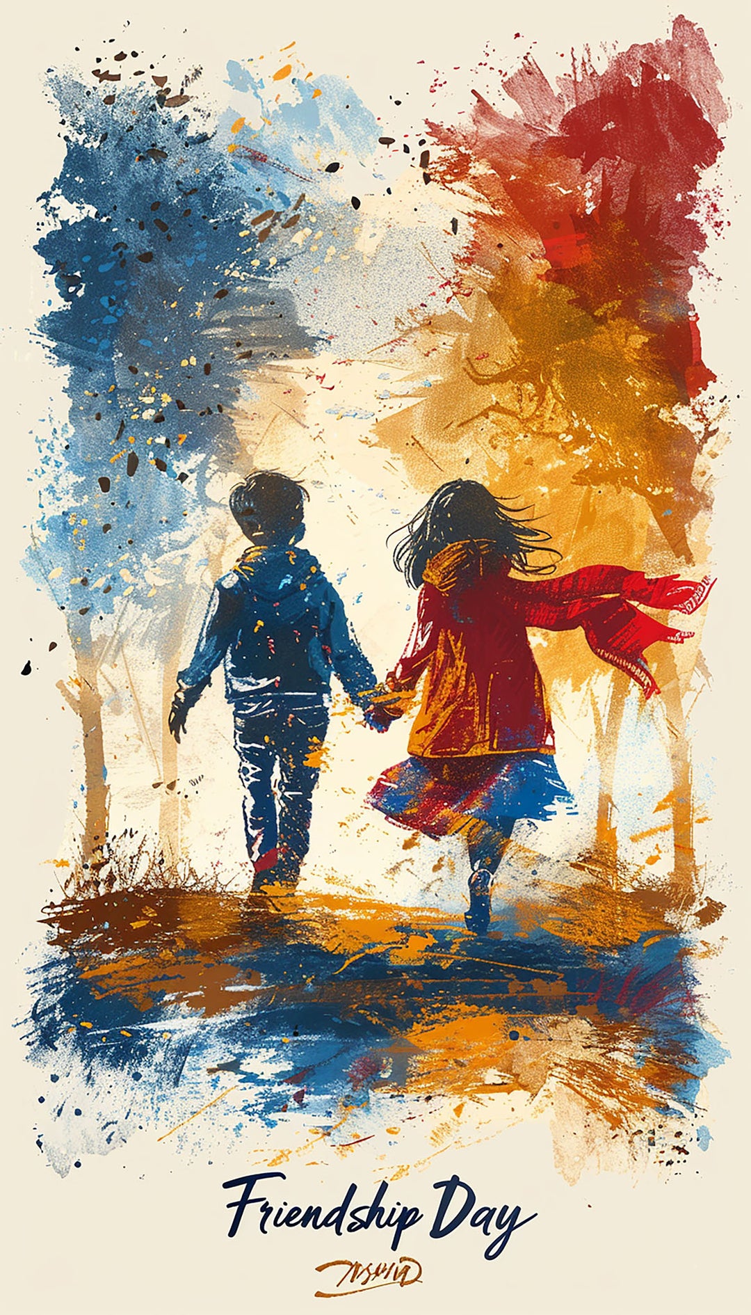 Wadi Home artwork of two children walking hand-in-hand, impressionistic style with bold blue, red, and orange colors.