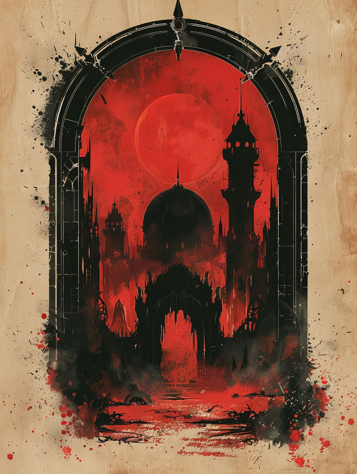 Wadi Home Crimson Moon Over Ancient Cityscape artwork, featuring a red moon and silhouetted city with minarets and dome. Watercolor and ink style on beige background.