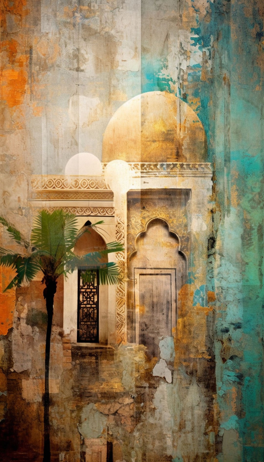 Wadi Home abstract architectural landscape art with warm tones, turquoise accents, and a palm tree.