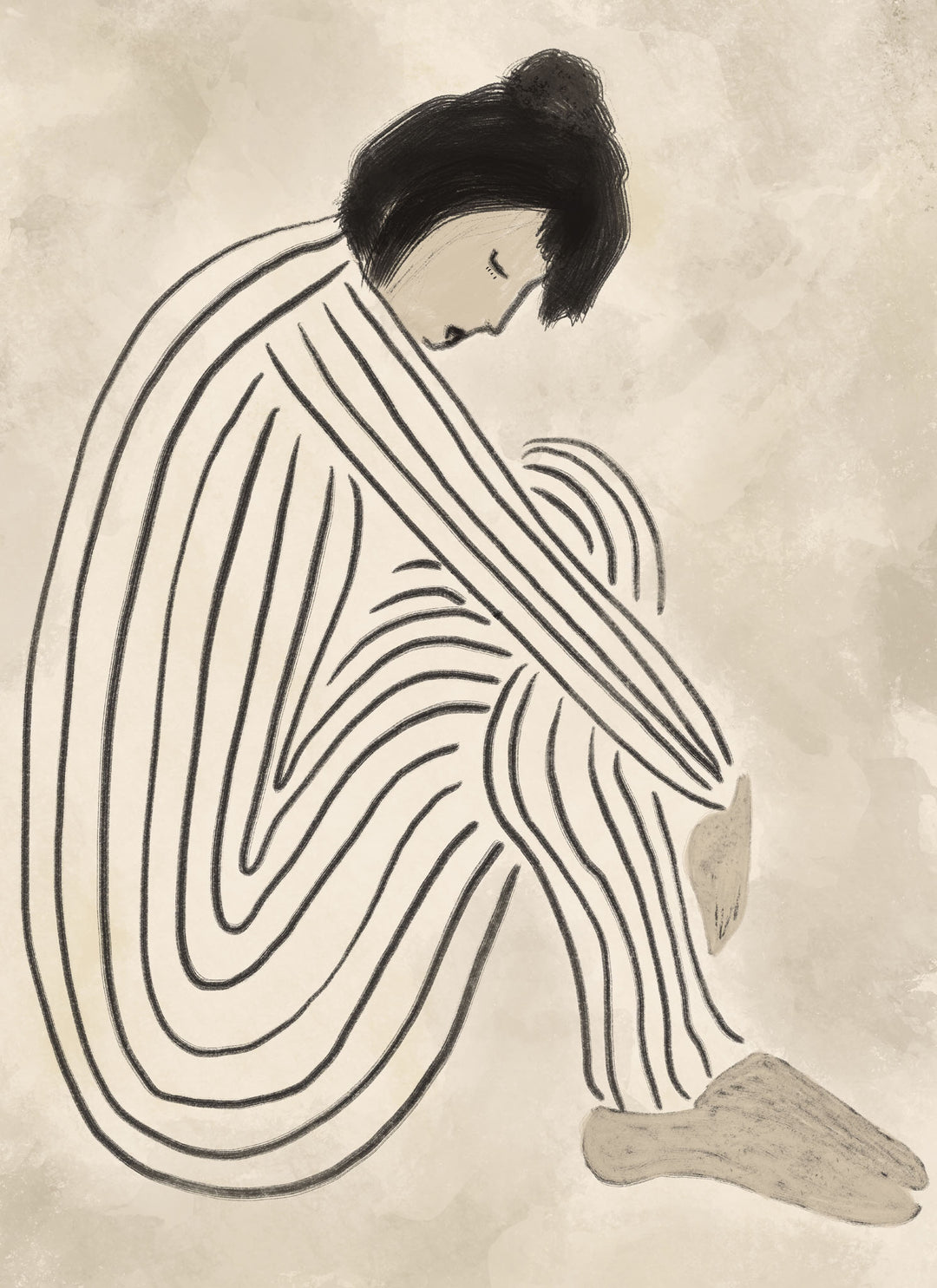 Wadi Home abstract wall art of a figure in black and white stripes, seated and hugging knees, on a textured neutral background.