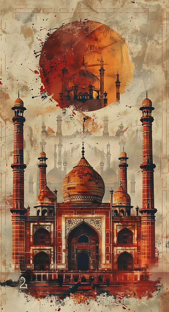 Wadi Home Taj Mahal watercolor wall art with vibrant red and orange hues, depicting the iconic monument with artistic brushstrokes.
