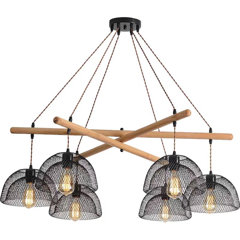 Wood & Black Mesh Chandelier with wooden arms and black metal mesh shades for modern rustic lighting