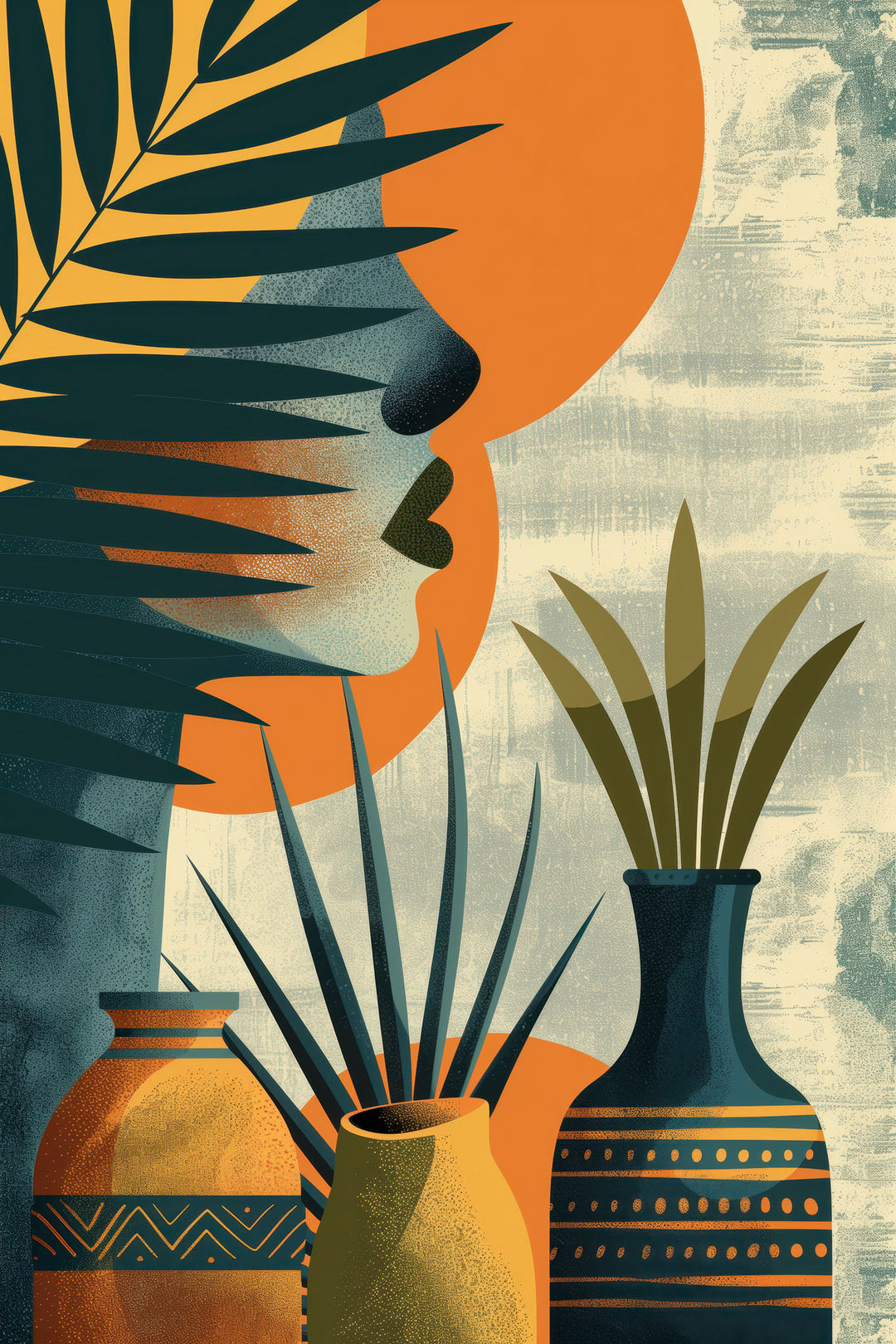 Wadi Home abstract botanical face wall art with warm orange, teal, and earthy tones. Features a female profile with tropical foliage and vases.