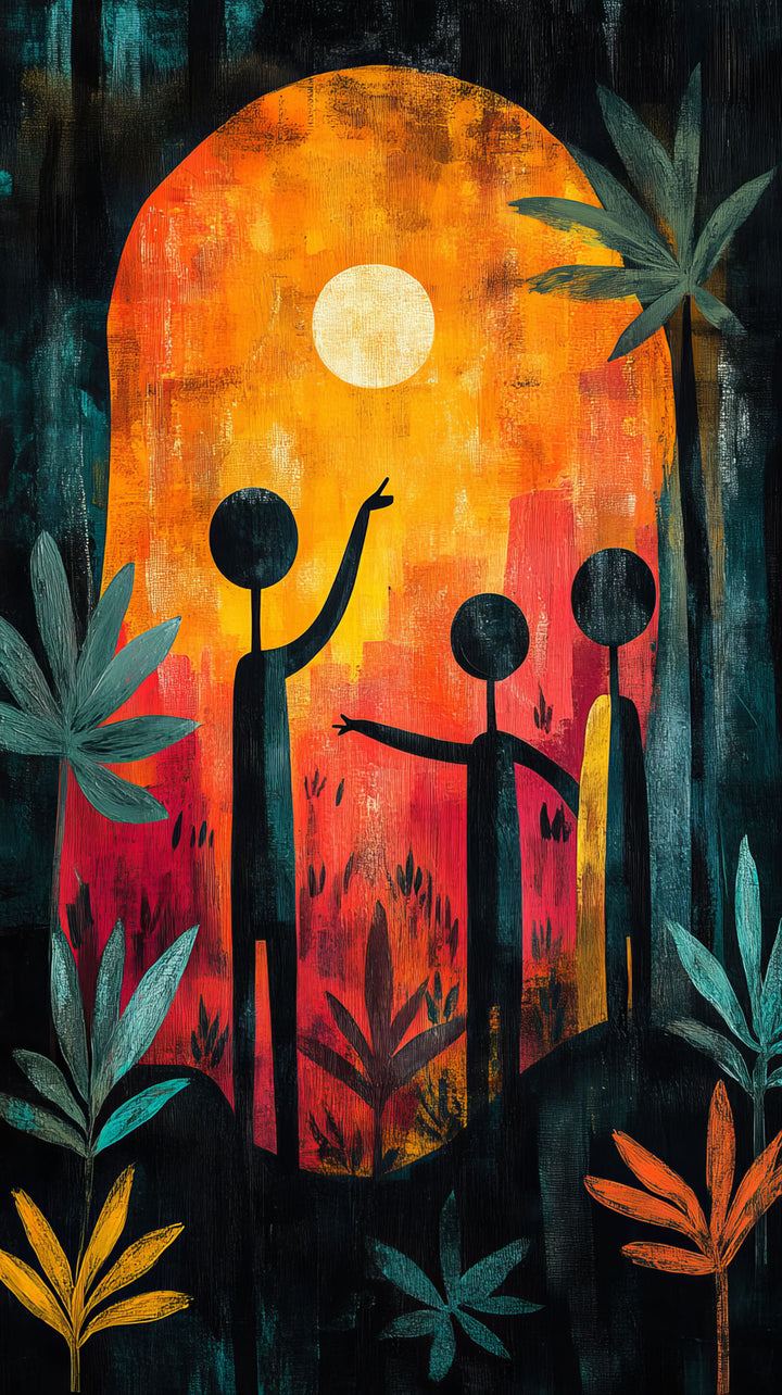 Wadi Home abstract canvas print of stylized figures under a moonlit orange sky with dark foliage. Modern art.