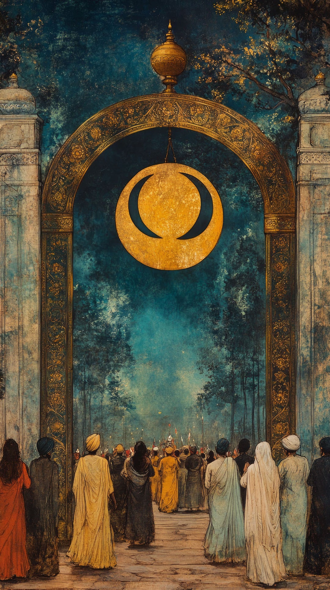 Wadi Home artwork: Golden crescent moon symbol above a gathering of figures under an ornate archway with deep blue and earthy tones.