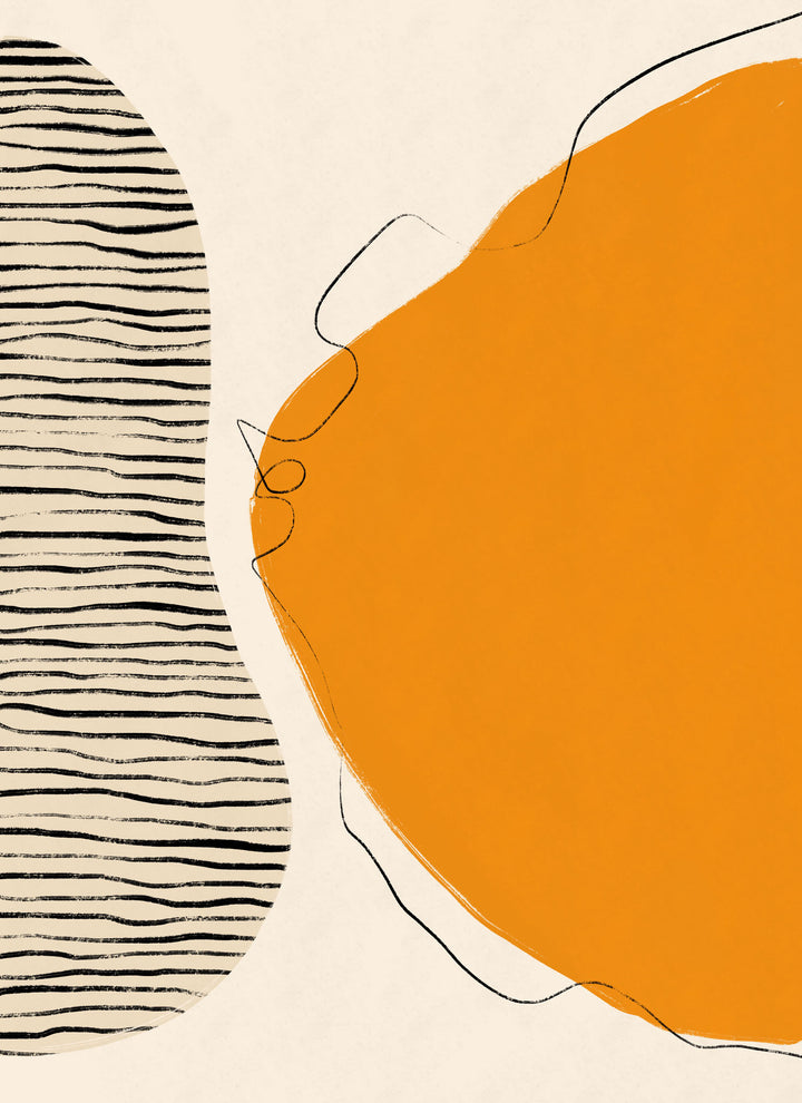 Wadi Home abstract wall art with orange and black organic shapes on a cream background, minimalist design.