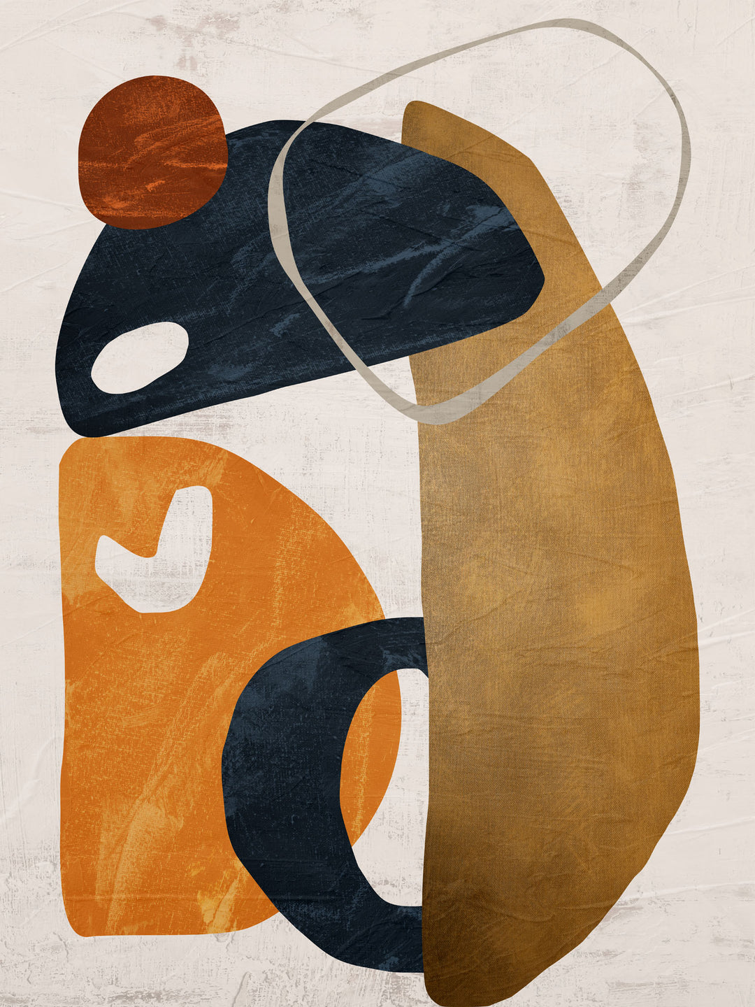 Wadi Home abstract geometric wall art with ochre, navy, and burnt orange organic shapes on textured background.
