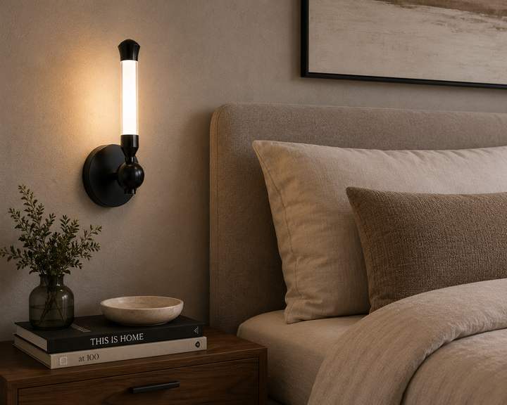 Modern Brass & Black Globe Wall Sconce with Opal Glass Diffuser