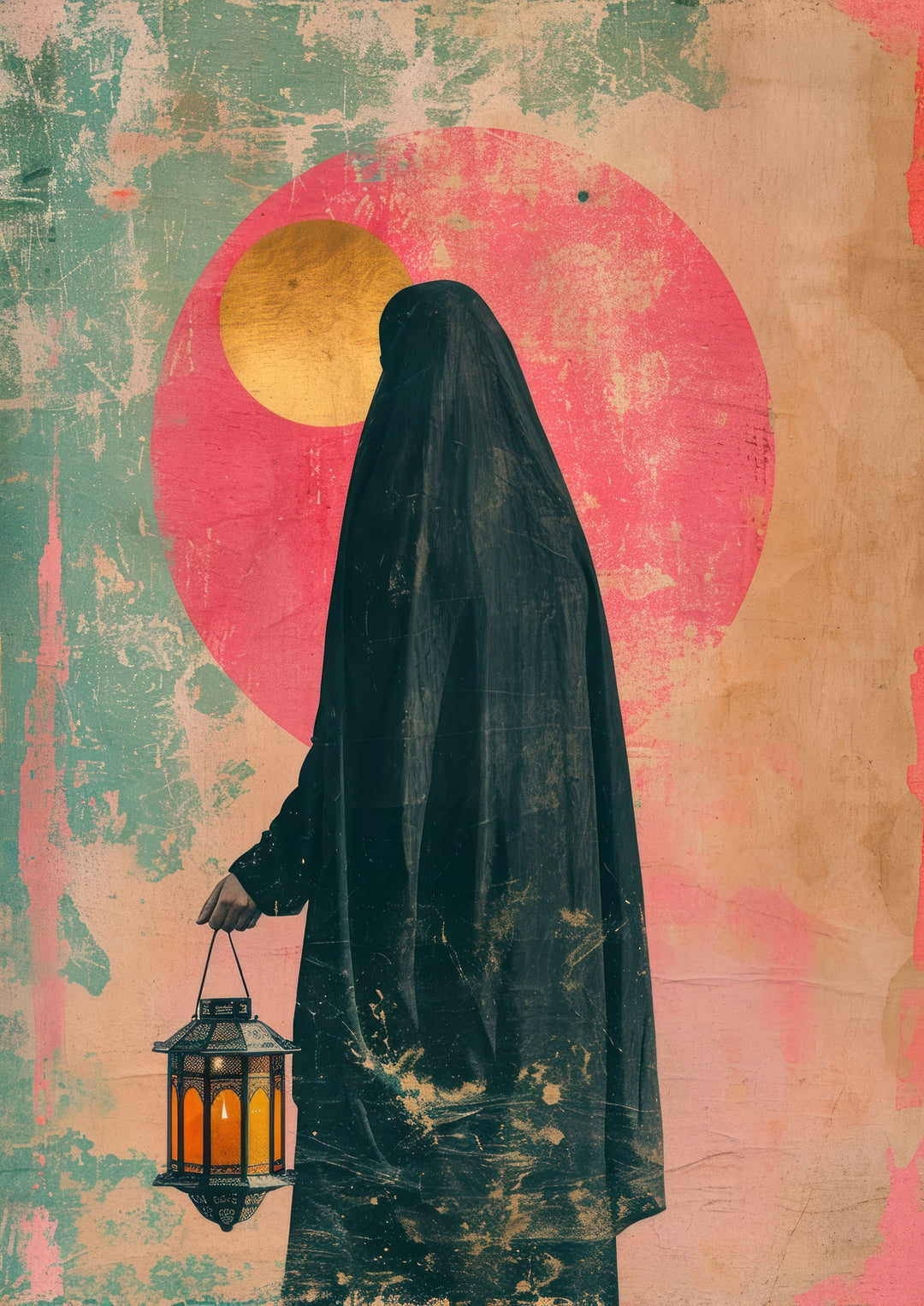 Wadi Home Mystic Lantern Woman Wall Art featuring a figure in black holding a lantern against a pink sun and textured background.