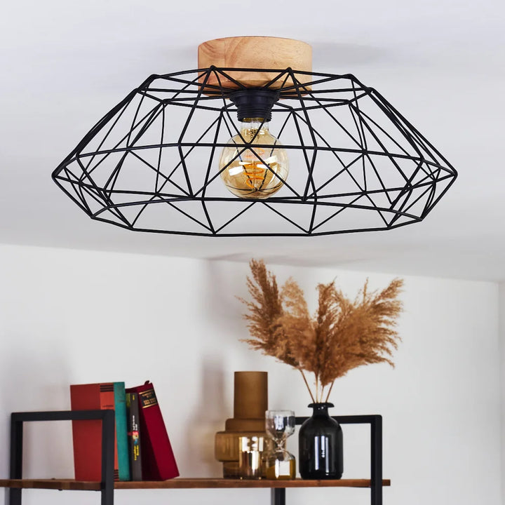 Industrial Wireframe Ceiling Light with Exposed Bulb