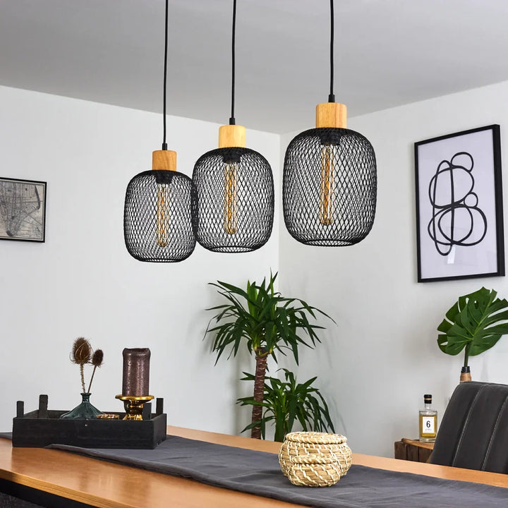 Industrial Mesh Pendant Light Trio with Wood Accents